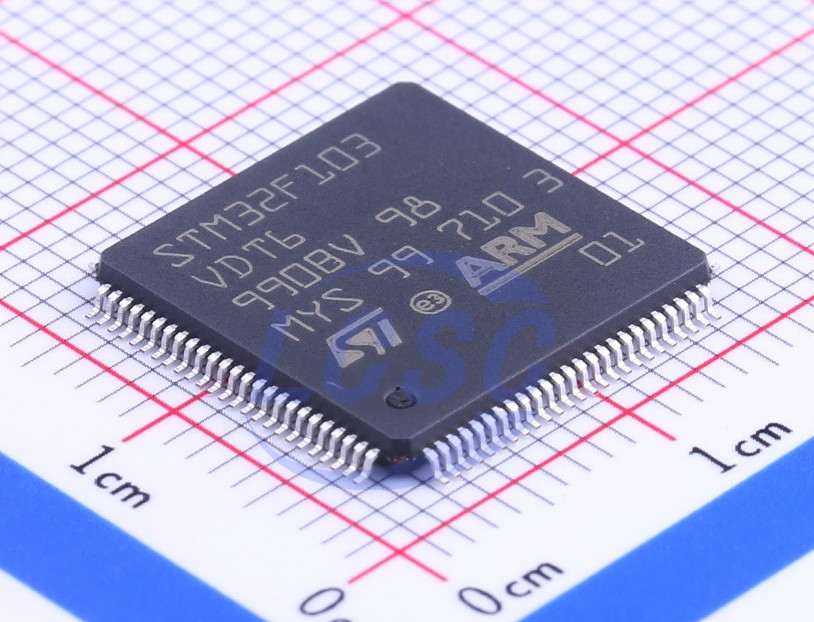 The STM32F103VDT6 in its 100-pin, 14x14mm, LQFP100 package (Image courtesy of LCSC Electronics)